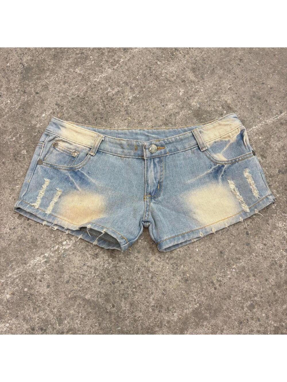 Vintage Y2K Low Rise Denim Micro Shorts Light Wash Sandblasted